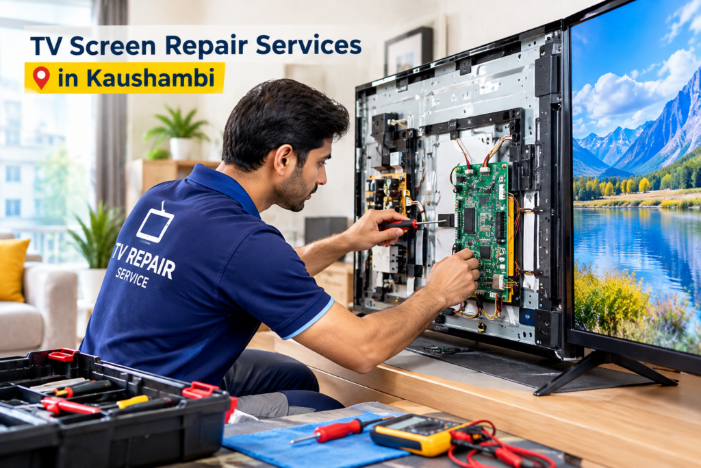 TV screen repair technician servicing a television in Kaushambi