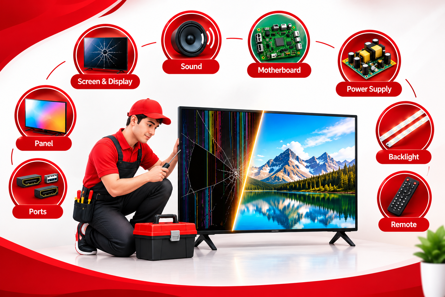 LED TV screen, display, motherboard, sound, power supply and backlight repair services